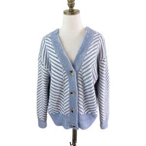 FRNCH Blue/White Herringbone Cardigan Size S/M V-Neck Button Up Oversized Fit